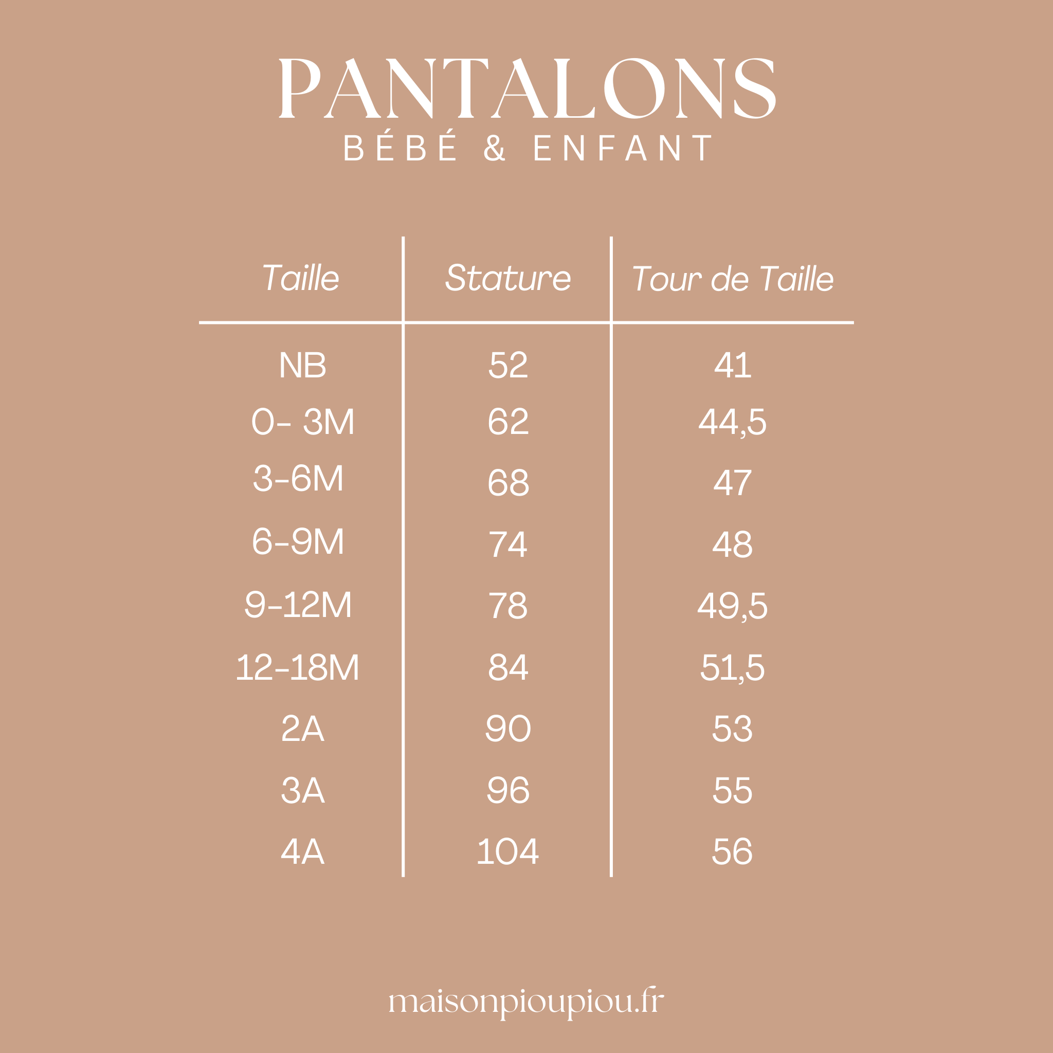 guide de taille pour les pantalons bébé et enfant chez Maison Piou Piou