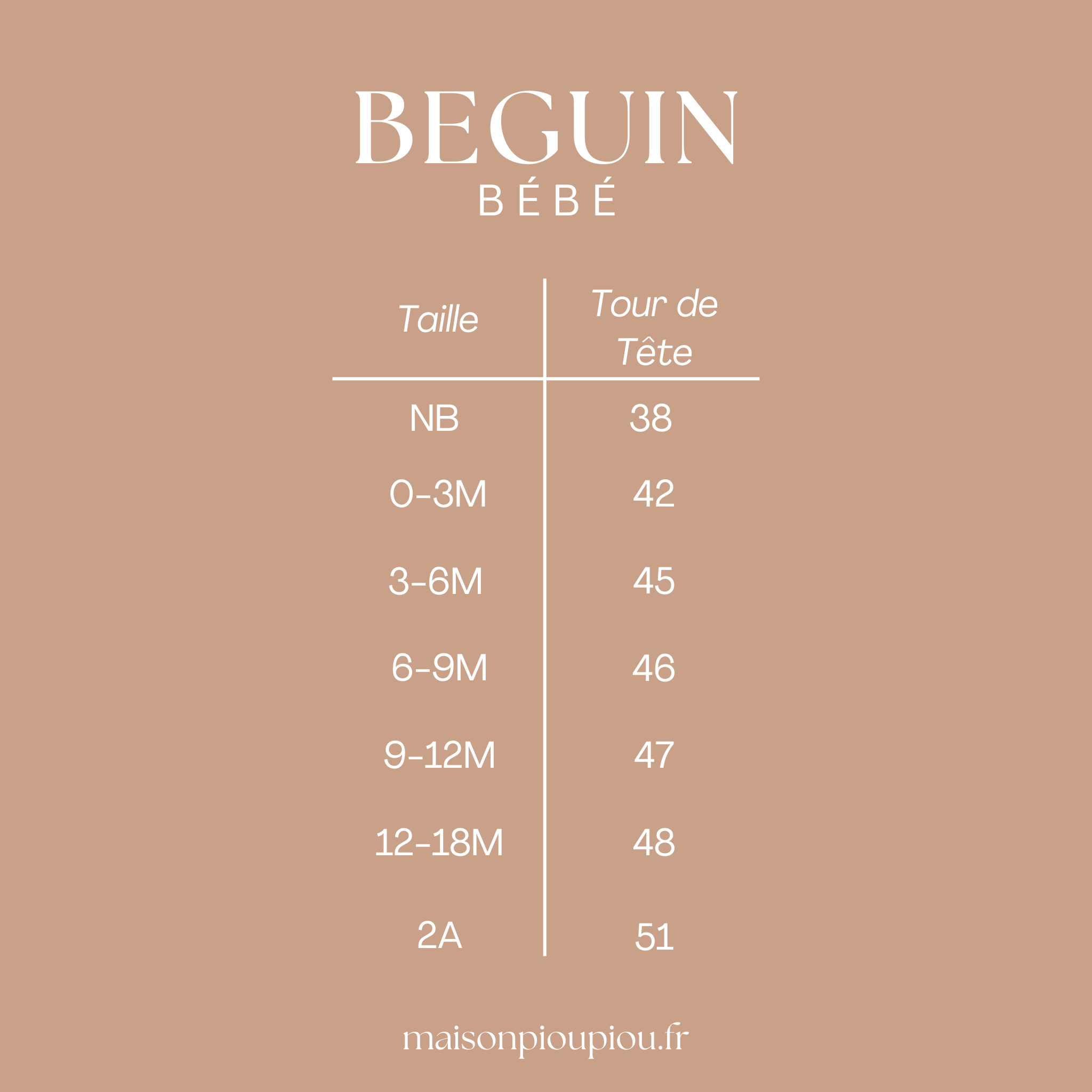 Guide de taille Beguin fait main pour bébé