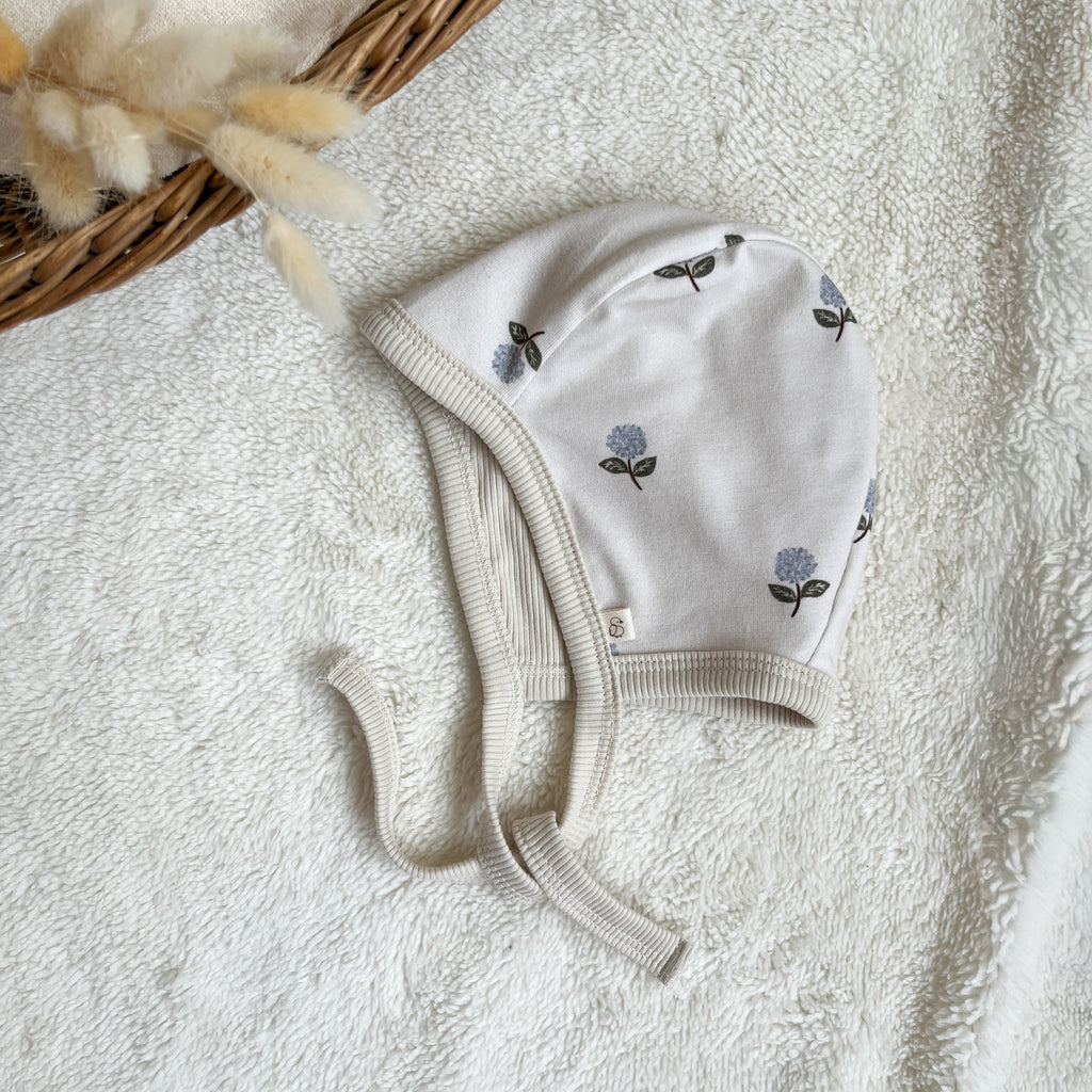béguin bébé motif hortensias cousu à la main en jersey Oeko-Tex