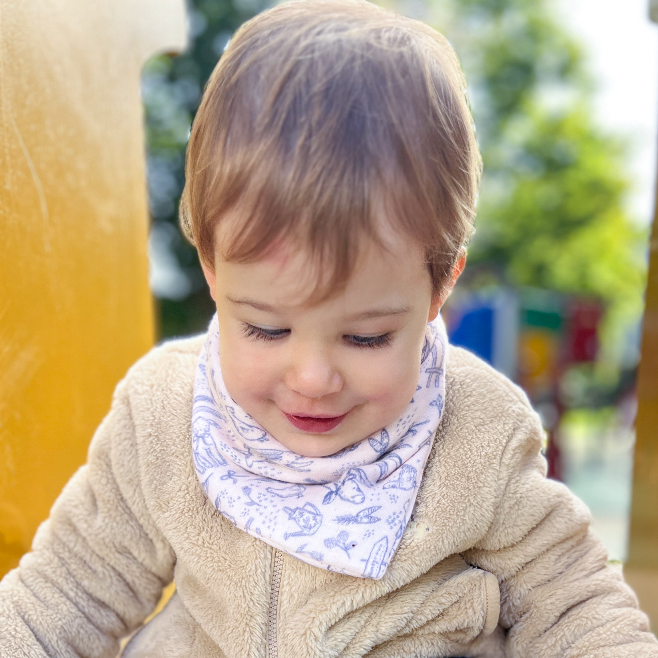 foulard bébé et enfant en double gaze de coton, motif animaux de la ferme, cousu à la main