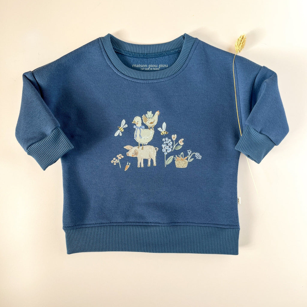 sweat enfant et bébé avec illustration poétique de la ferme, chaud et artisanal