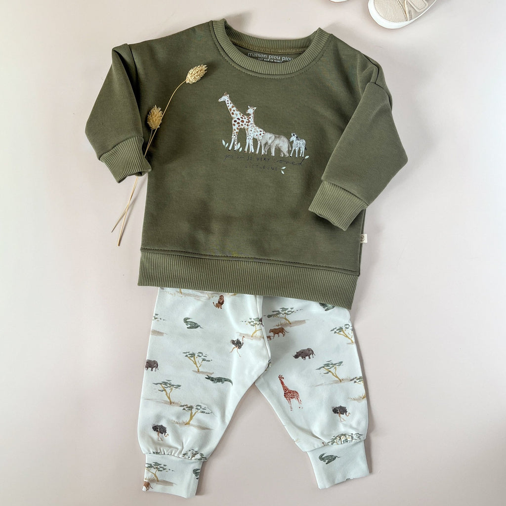 sweat bébé et enfant motif safari, en molleton doux et fait main dans mon atelier