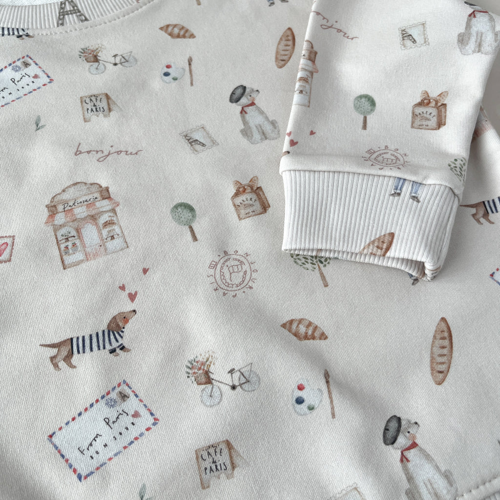 sweat bebe et enfant motif paris avec un teckel croissant tour eiffel