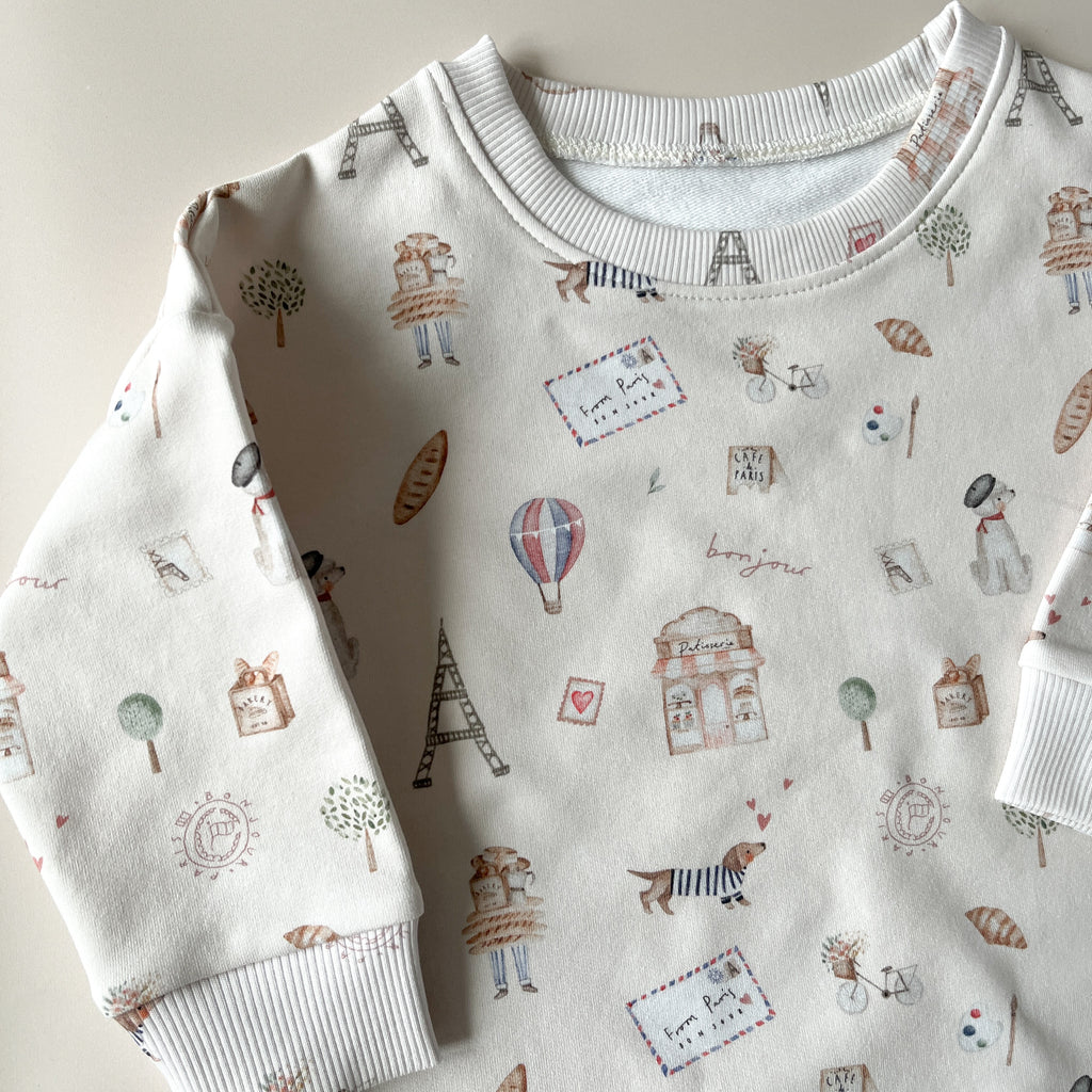 Sweat bébé et enfant motif Bonjour Paris – french terry certifié Oeko-Tex Maison Piou Piou